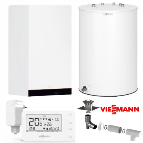 Kocioł piec gazowy Viessmann Vitodens 050-W 19 kW + zasobnik Vitocell 100-W  CUGA 100l  + termostat pokojowy bezprzewodowy BSOP + zestaw bazowy w szacht