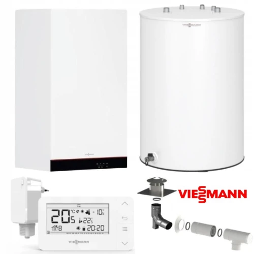 Kocioł piec gazowy Viessmann Vitodens 050-W 19 kW + zasobnik Vitocell 100-W  CUGA 100l  + termostat pokojowy bezprzewodowy BSOP + zestaw bazowy w szacht